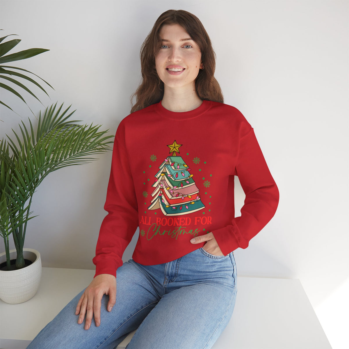 Christmas Book Lover Sweatshirt — "All Booked for Christmas" Cozy Crewneck