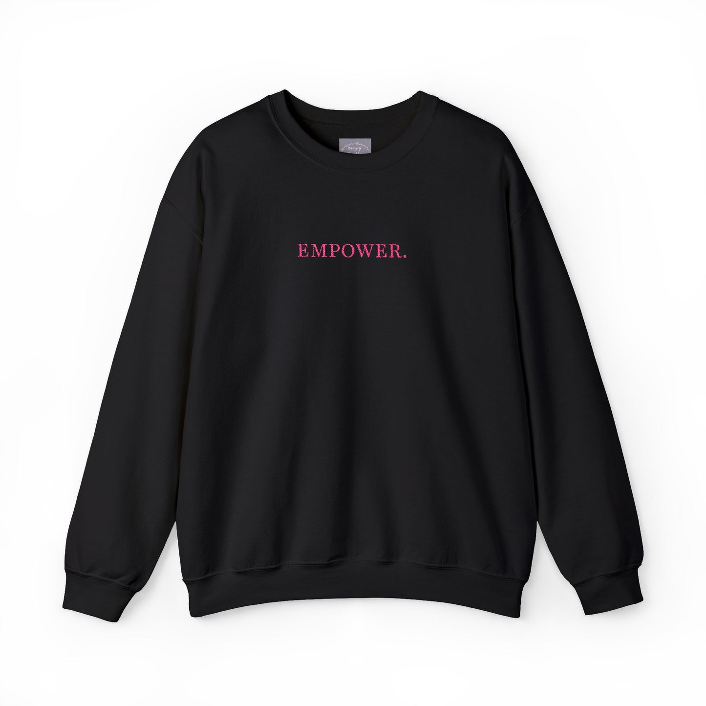 Empower! Heather Grey Crewneck Sweatshirt — Minimal Pink Text Empowerment Pullover