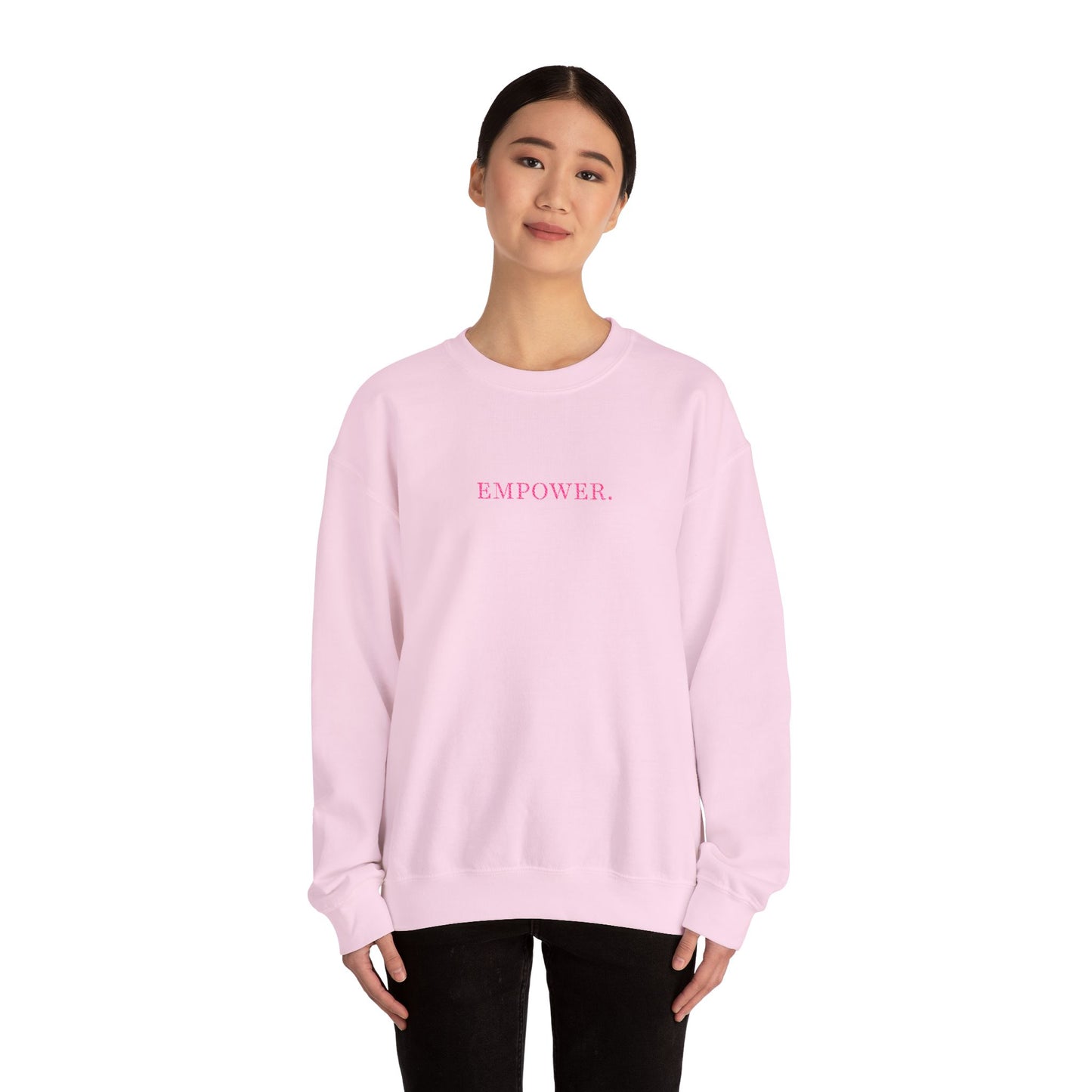 Empower! Heather Grey Crewneck Sweatshirt — Minimal Pink Text Empowerment Pullover
