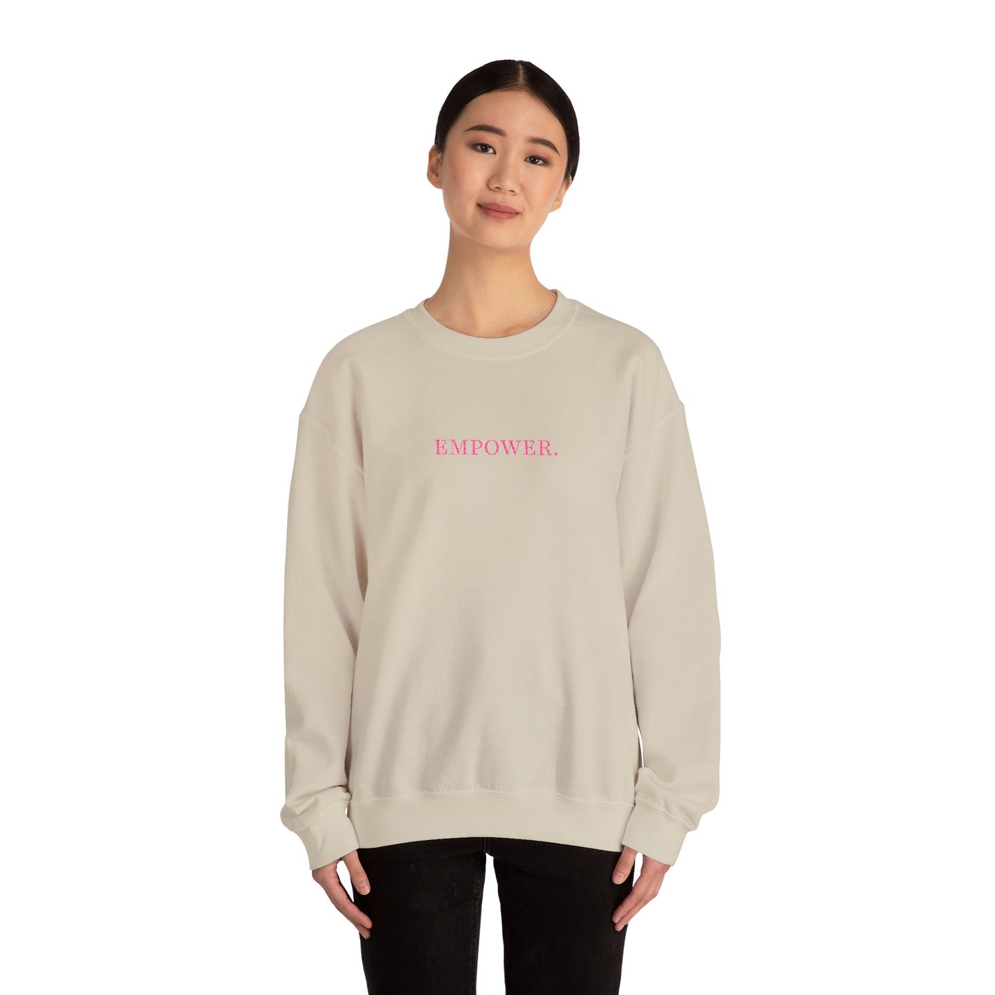 Empower! Heather Grey Crewneck Sweatshirt — Minimal Pink Text Empowerment Pullover