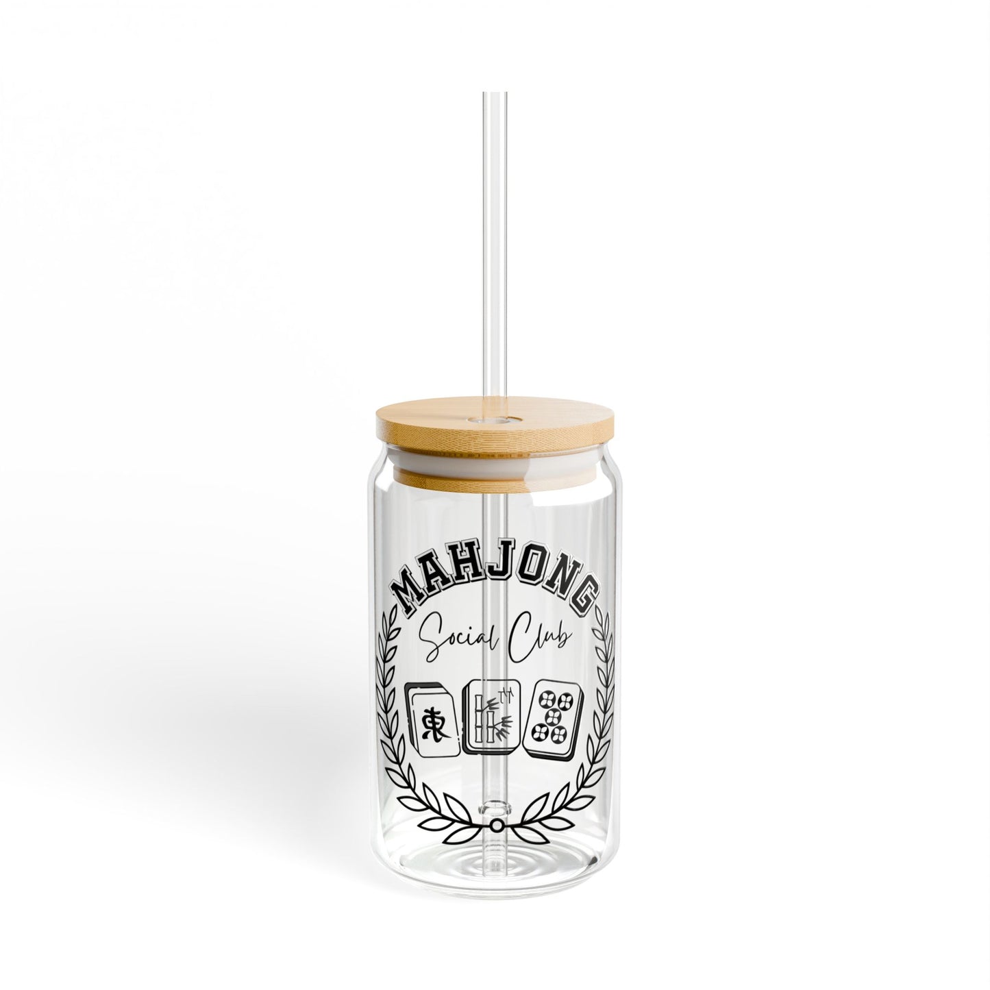 Mahjong Sipper Glass – 16oz Mahjong Social Club Mason Jar with Bamboo Lid & Straw