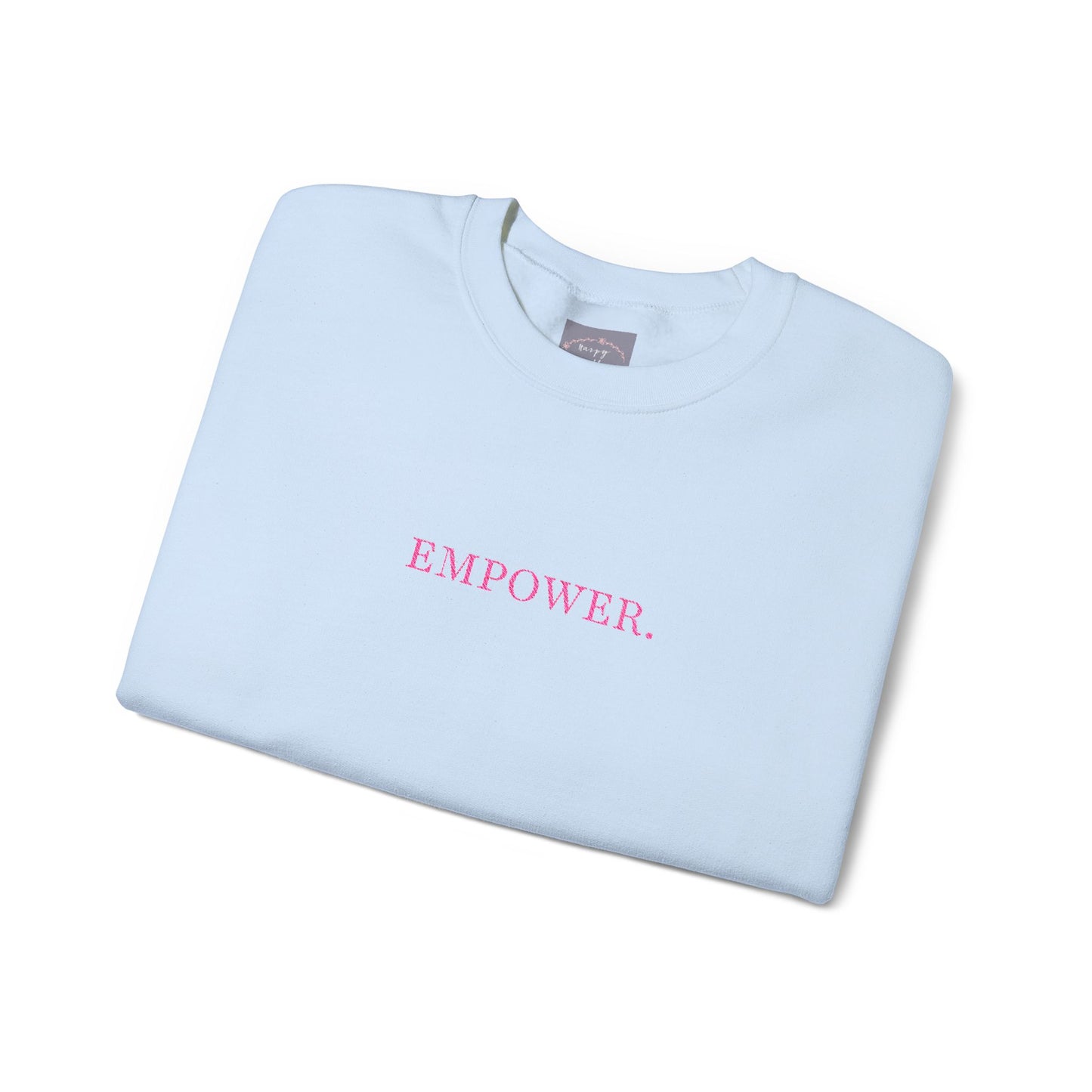 Empower! Heather Grey Crewneck Sweatshirt — Minimal Pink Text Empowerment Pullover