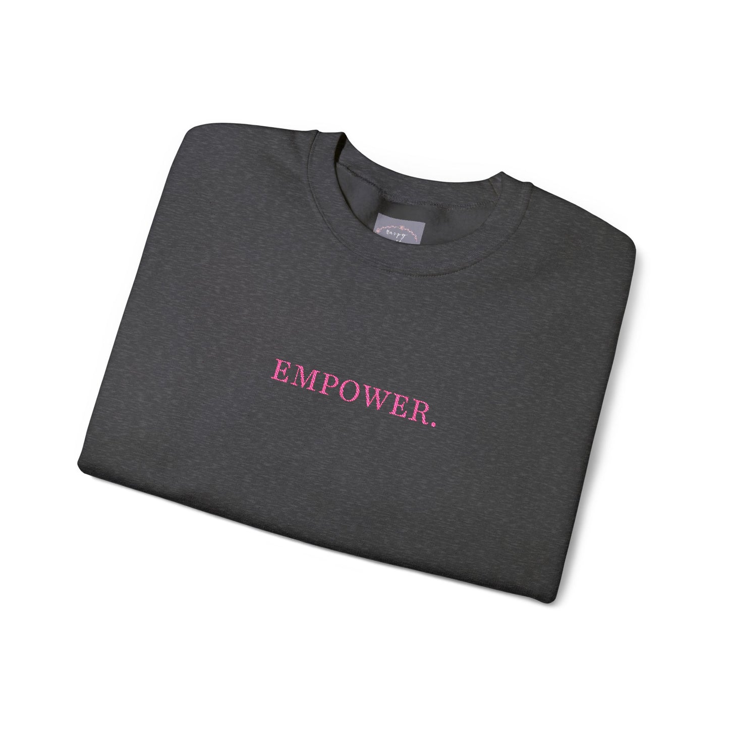 Empower! Heather Grey Crewneck Sweatshirt — Minimal Pink Text Empowerment Pullover