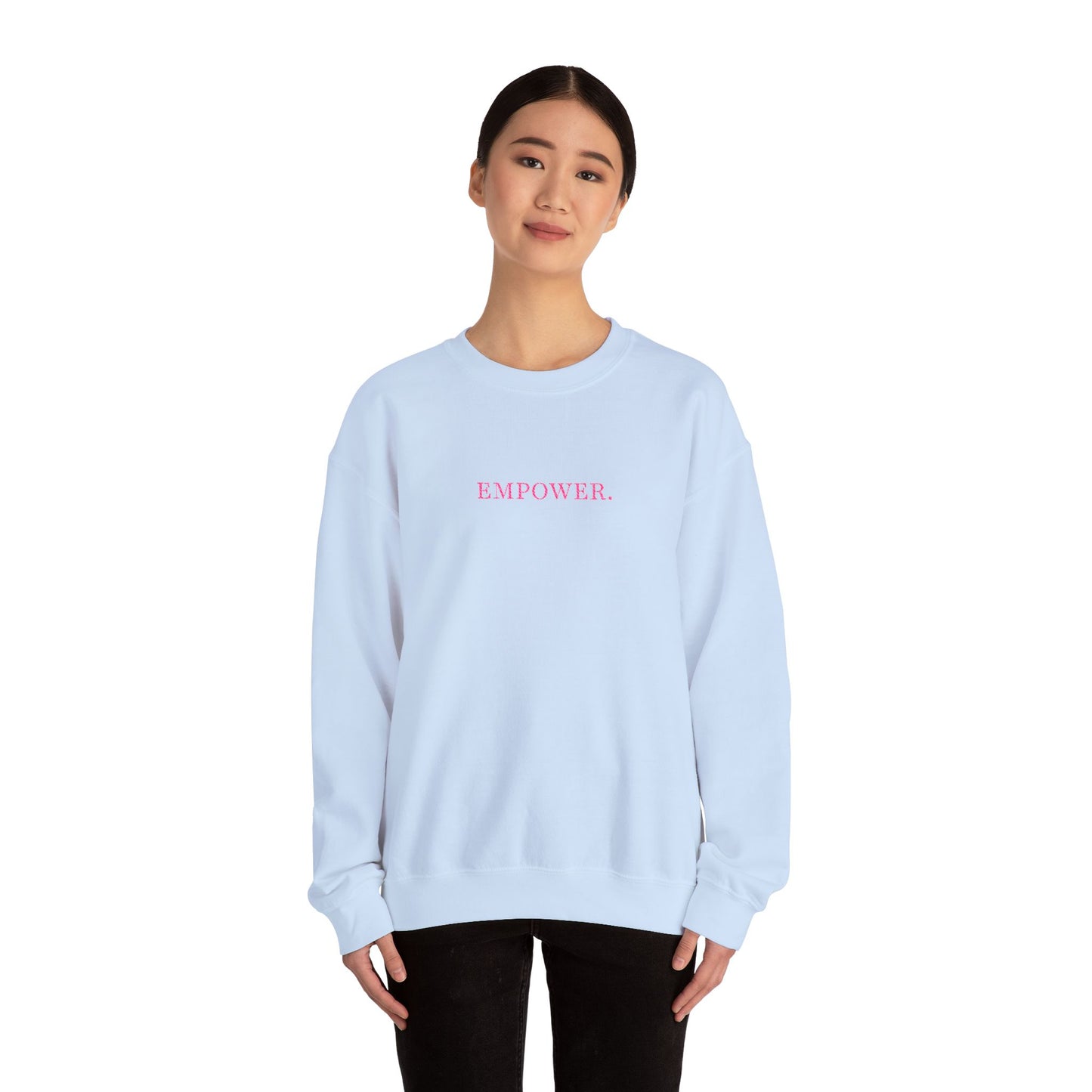Empower! Heather Grey Crewneck Sweatshirt — Minimal Pink Text Empowerment Pullover