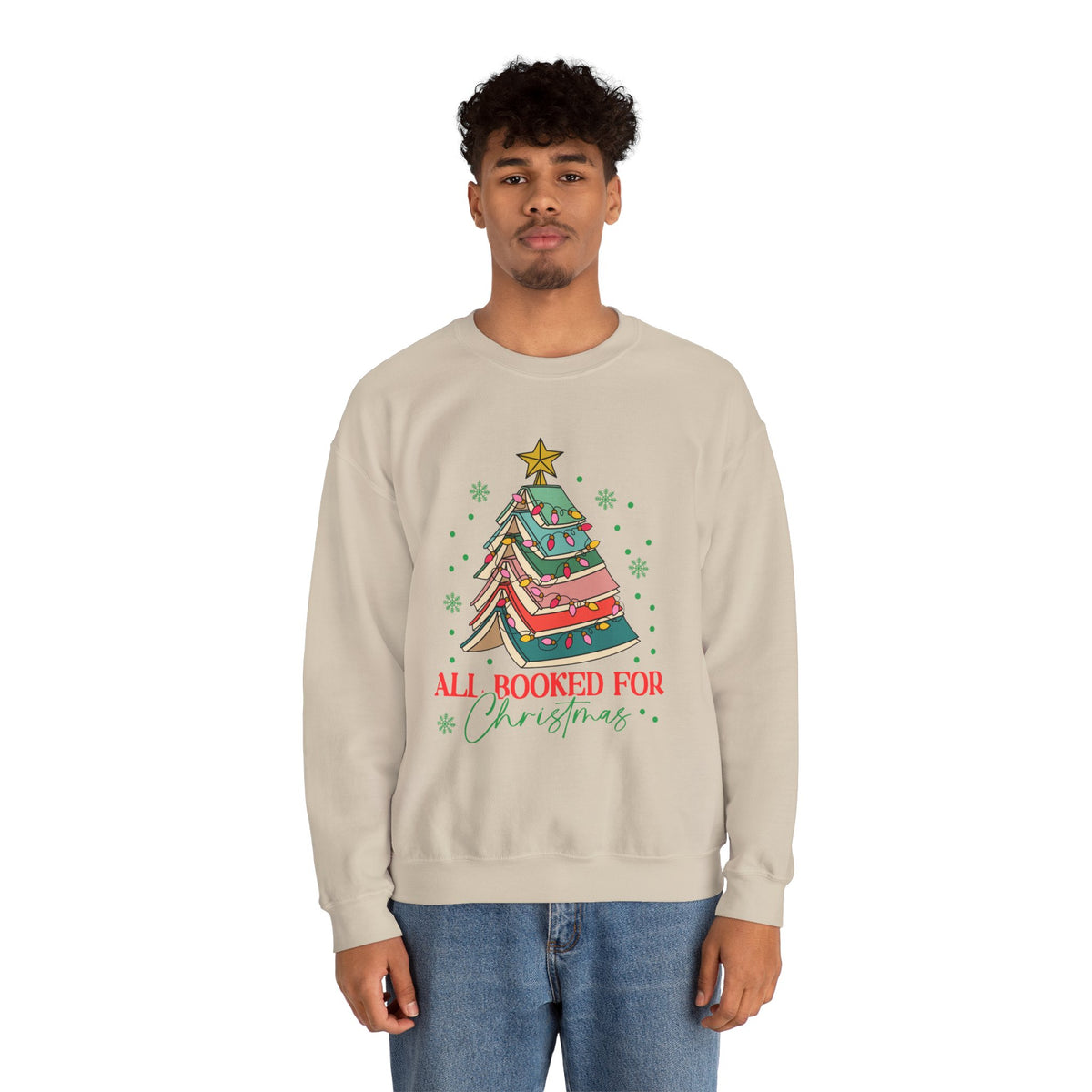 Christmas Book Lover Sweatshirt — "All Booked for Christmas" Cozy Crewneck