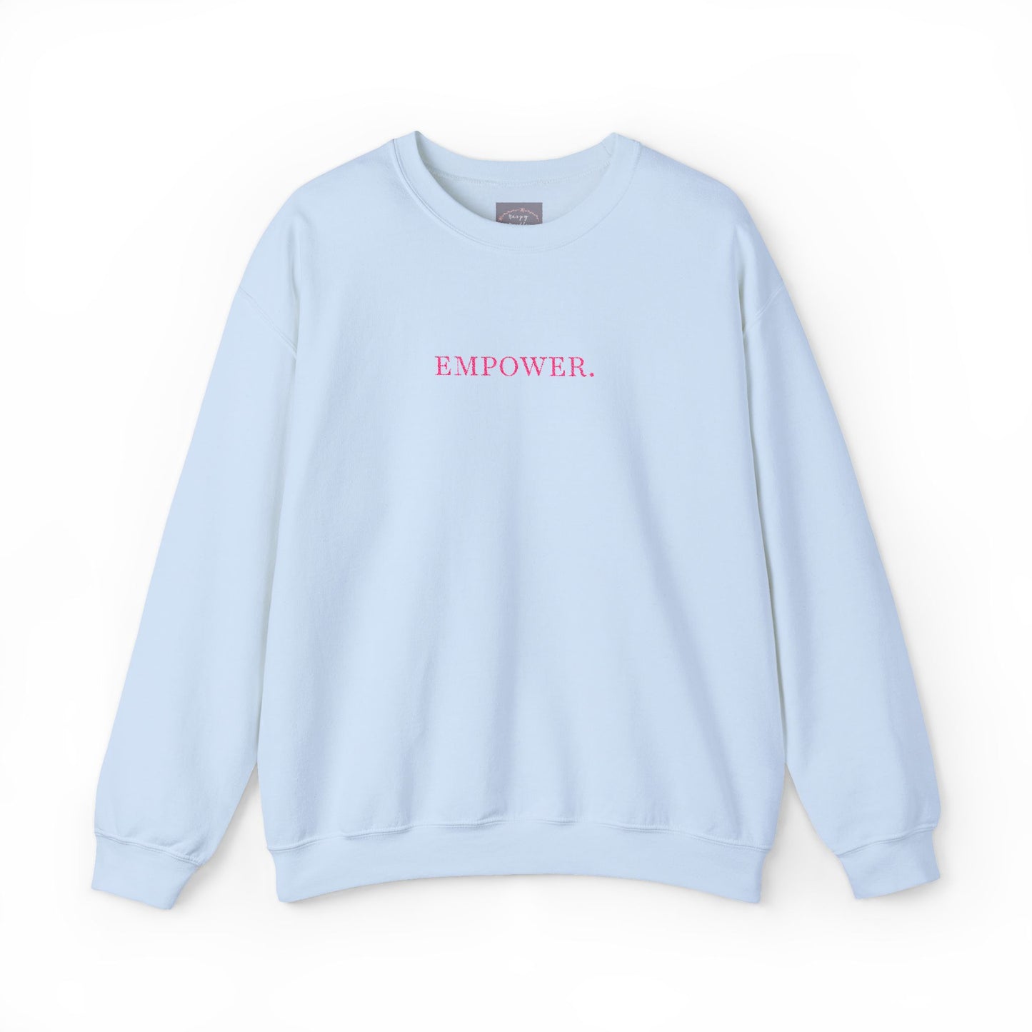 Empower! Heather Grey Crewneck Sweatshirt — Minimal Pink Text Empowerment Pullover