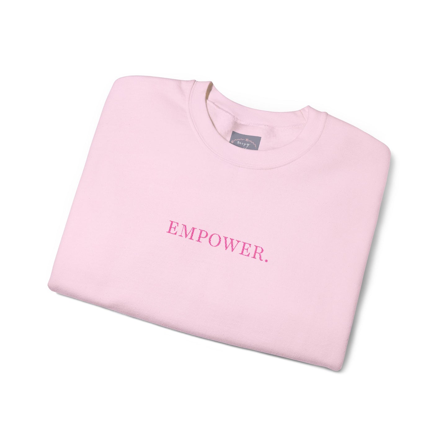 Empower! Heather Grey Crewneck Sweatshirt — Minimal Pink Text Empowerment Pullover