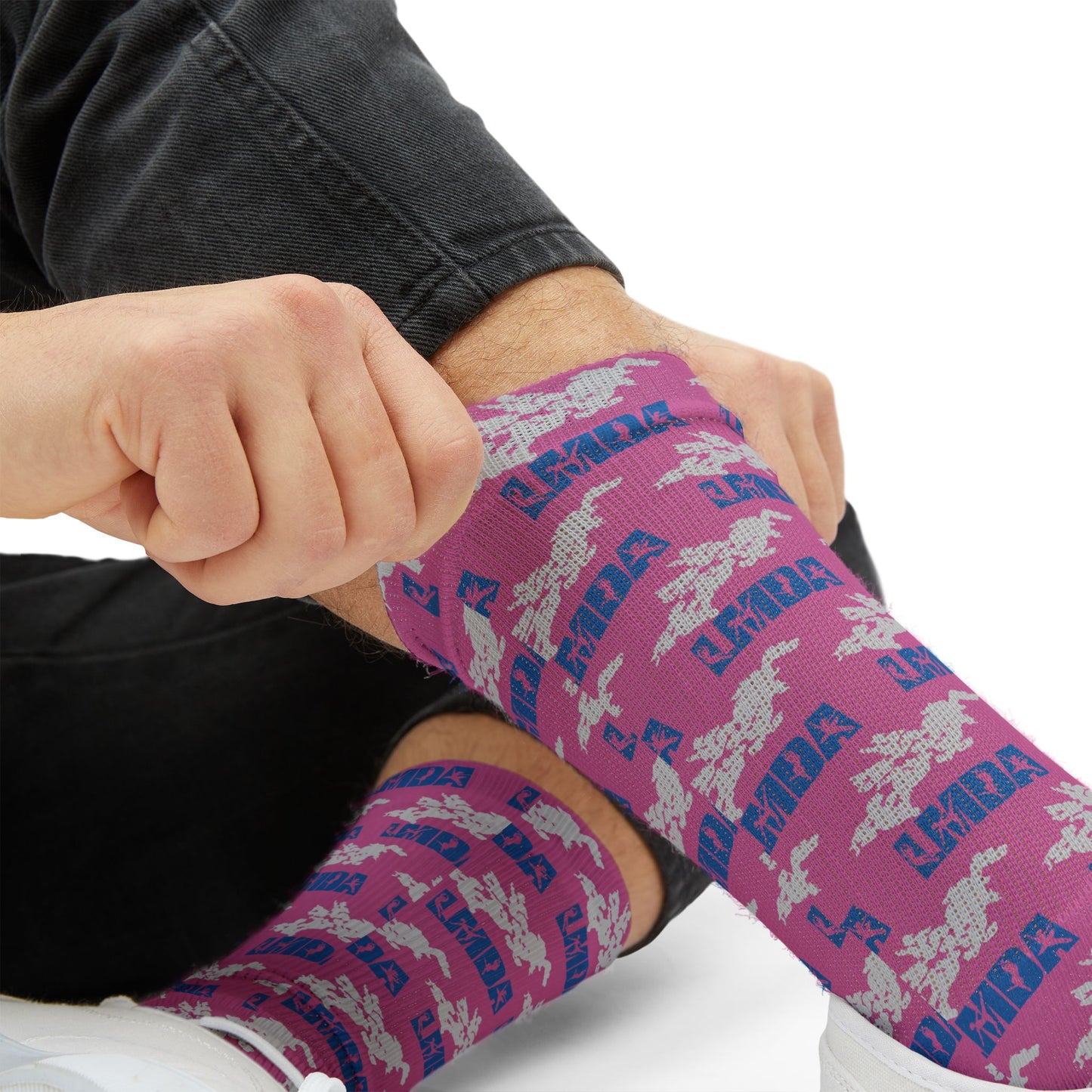 LMDA Sublimation Socks — Novelty Crew Socks with Repeating LMDA