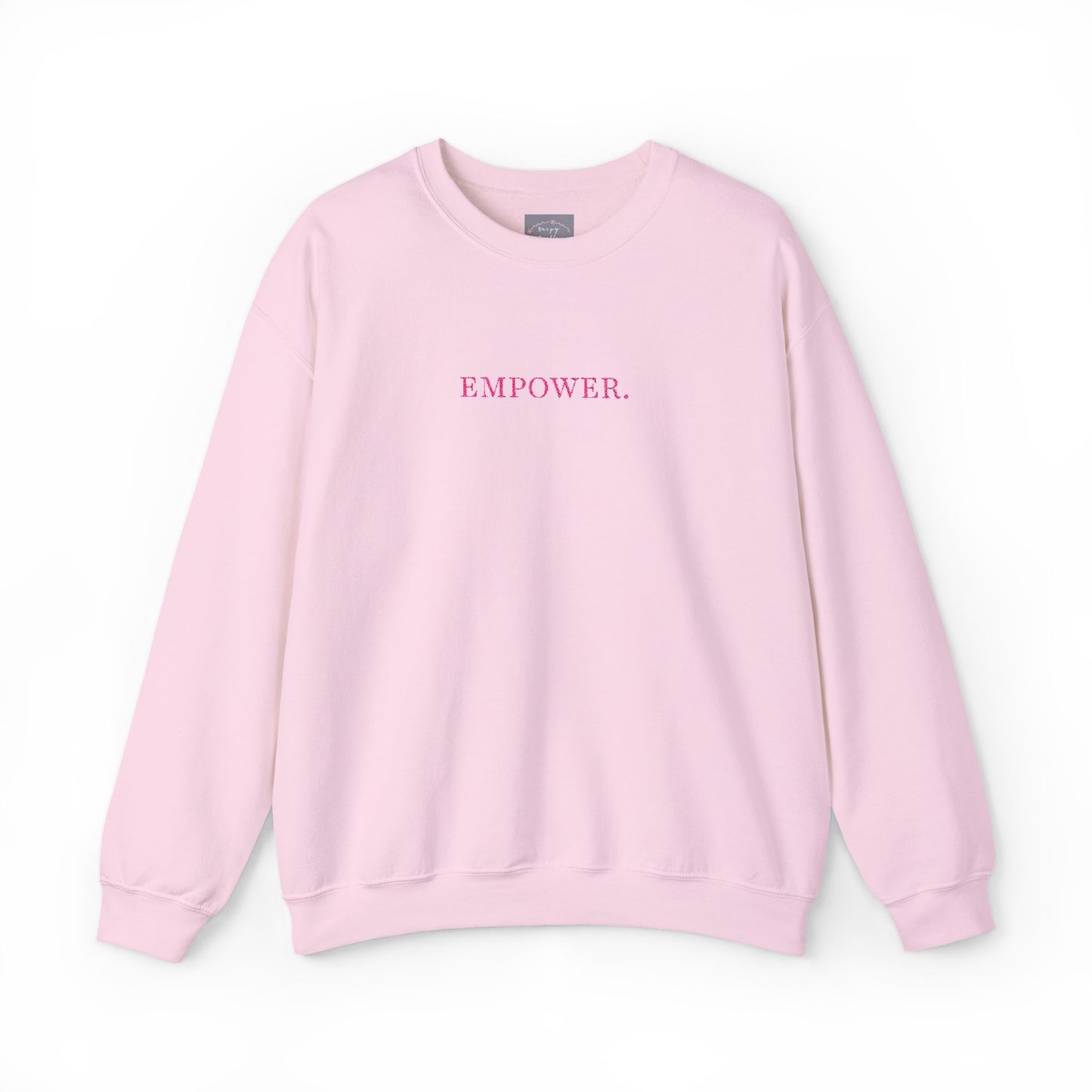 Empower! Heather Grey Crewneck Sweatshirt — Minimal Pink Text Empowerment Pullover
