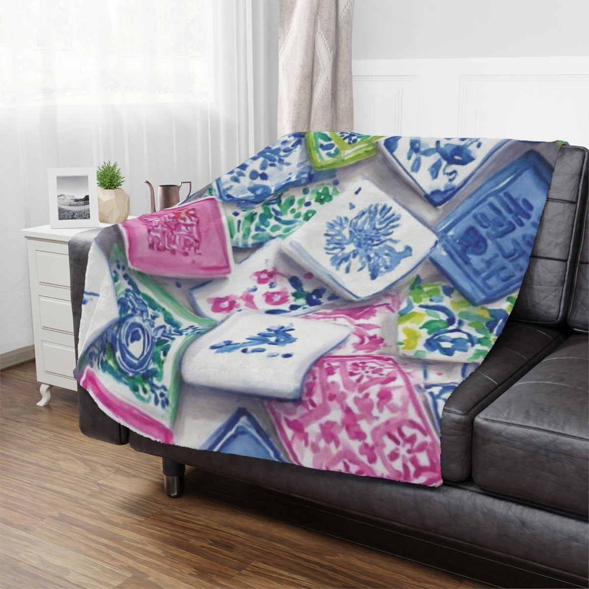 Minky Blanket — Floral Mahjong Tile Plush Throw