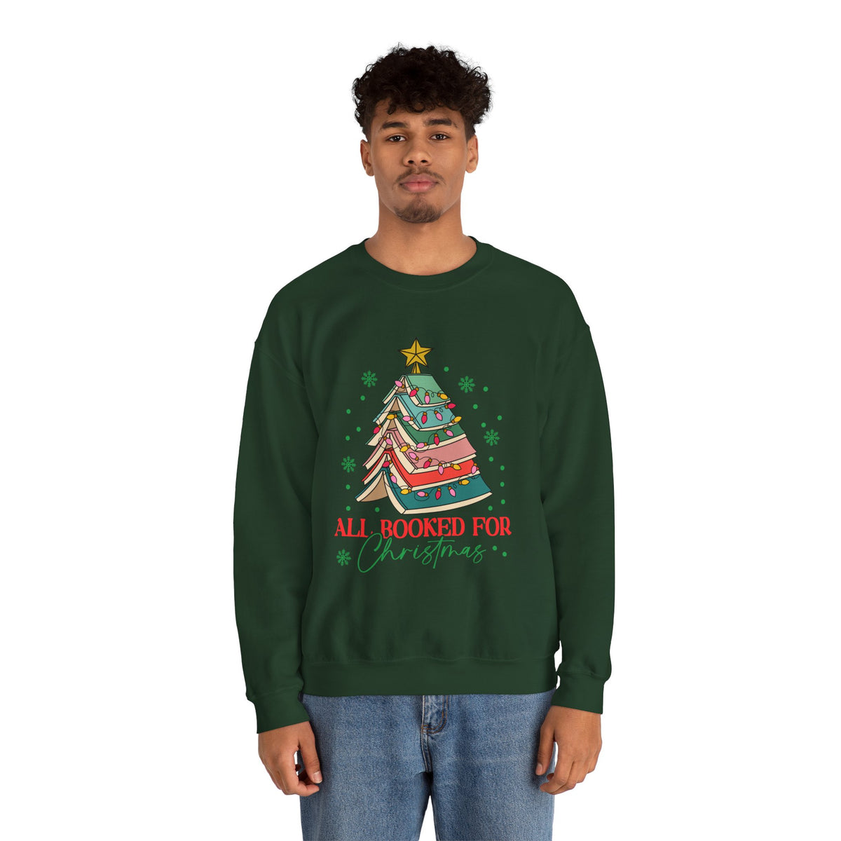 Christmas Book Lover Sweatshirt — "All Booked for Christmas" Cozy Crewneck