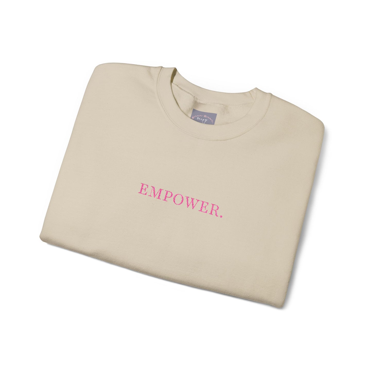 Empower! Heather Grey Crewneck Sweatshirt — Minimal Pink Text Empowerment Pullover