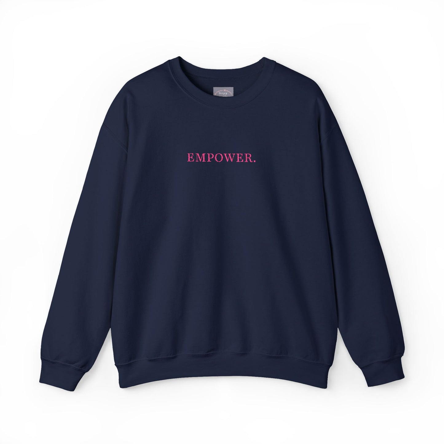 Empower! Heather Grey Crewneck Sweatshirt — Minimal Pink Text Empowerment Pullover