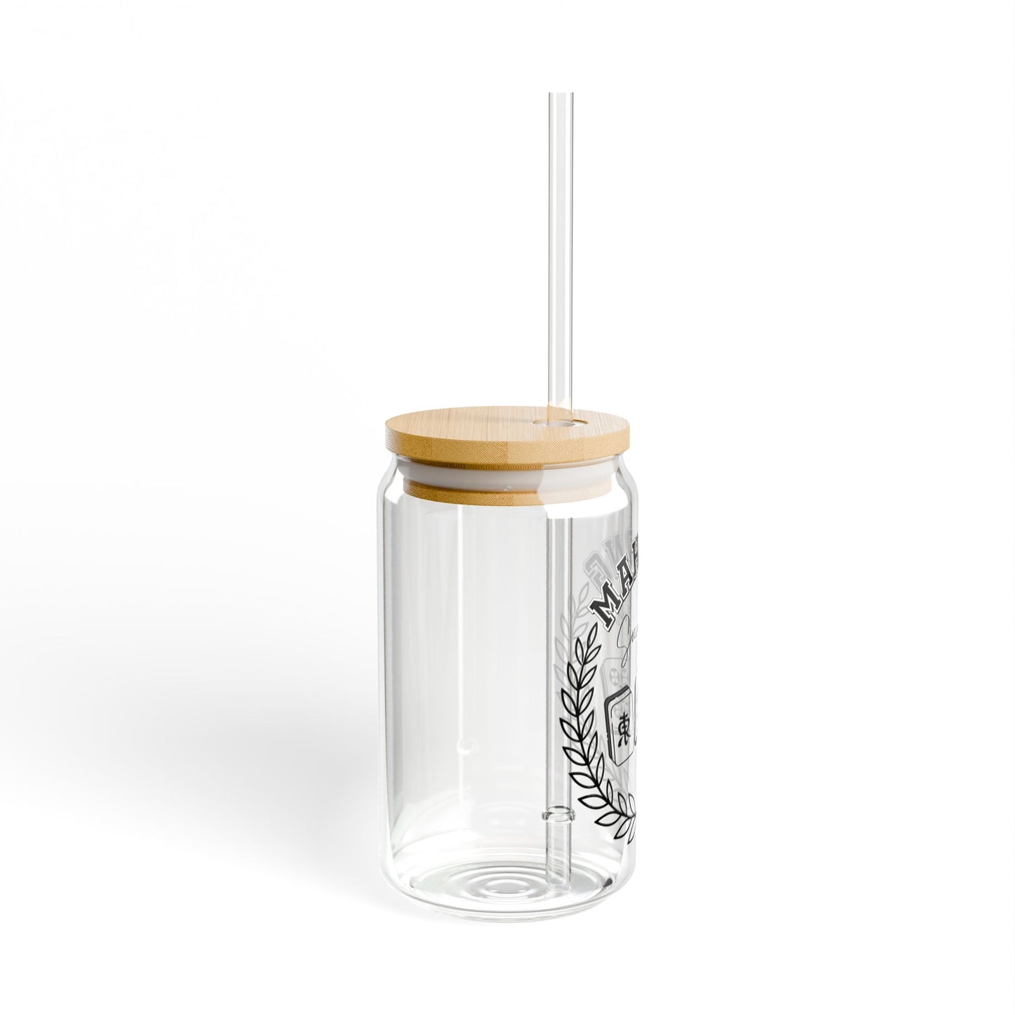 Mahjong Sipper Glass – 16oz Mahjong Social Club Mason Jar with Bamboo Lid & Straw