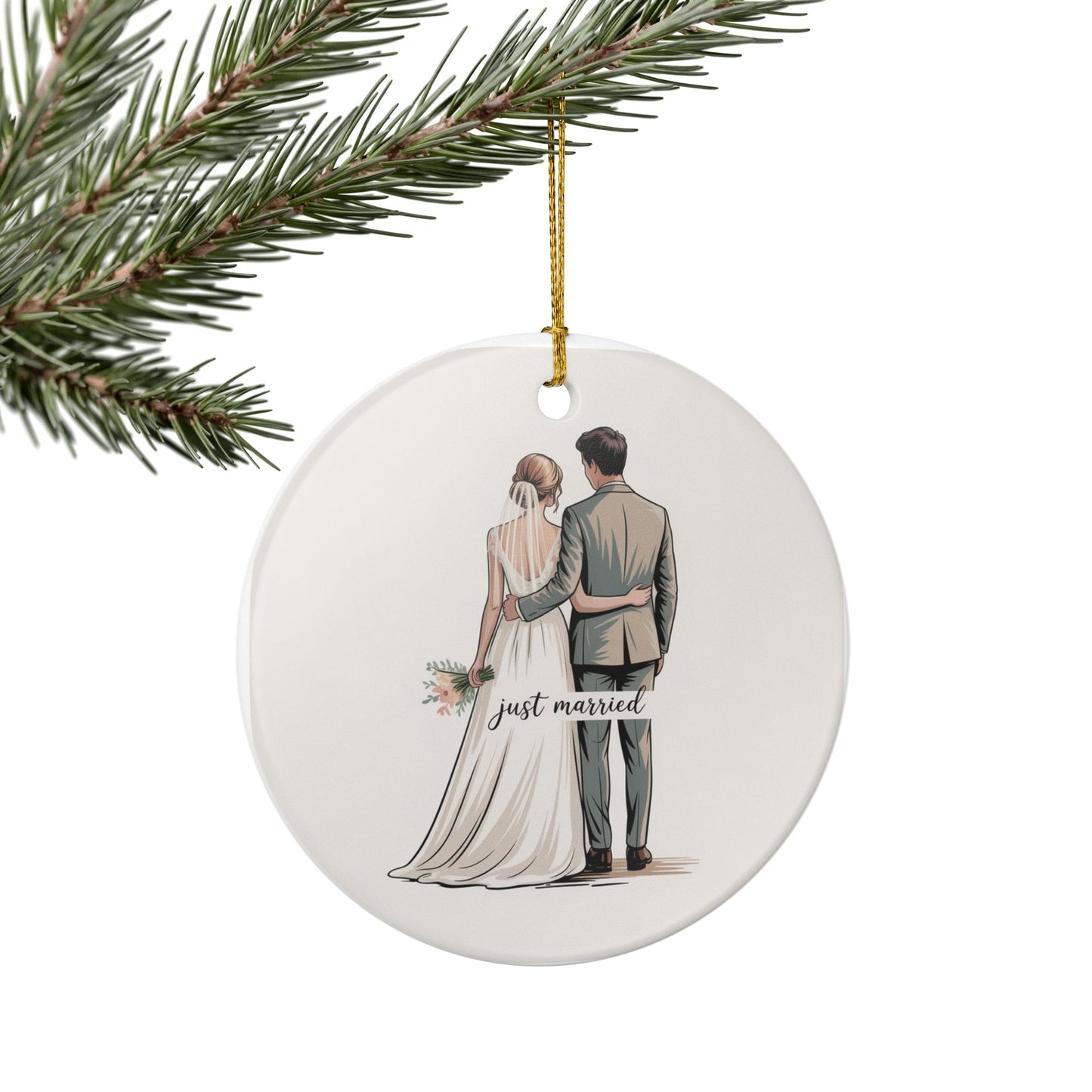 Just Married Ceramic Ornament, Wedding Keepsake, Newlywed Gift, Personalized Holiday Decor, Bridal Shower Favors, Home Decoration