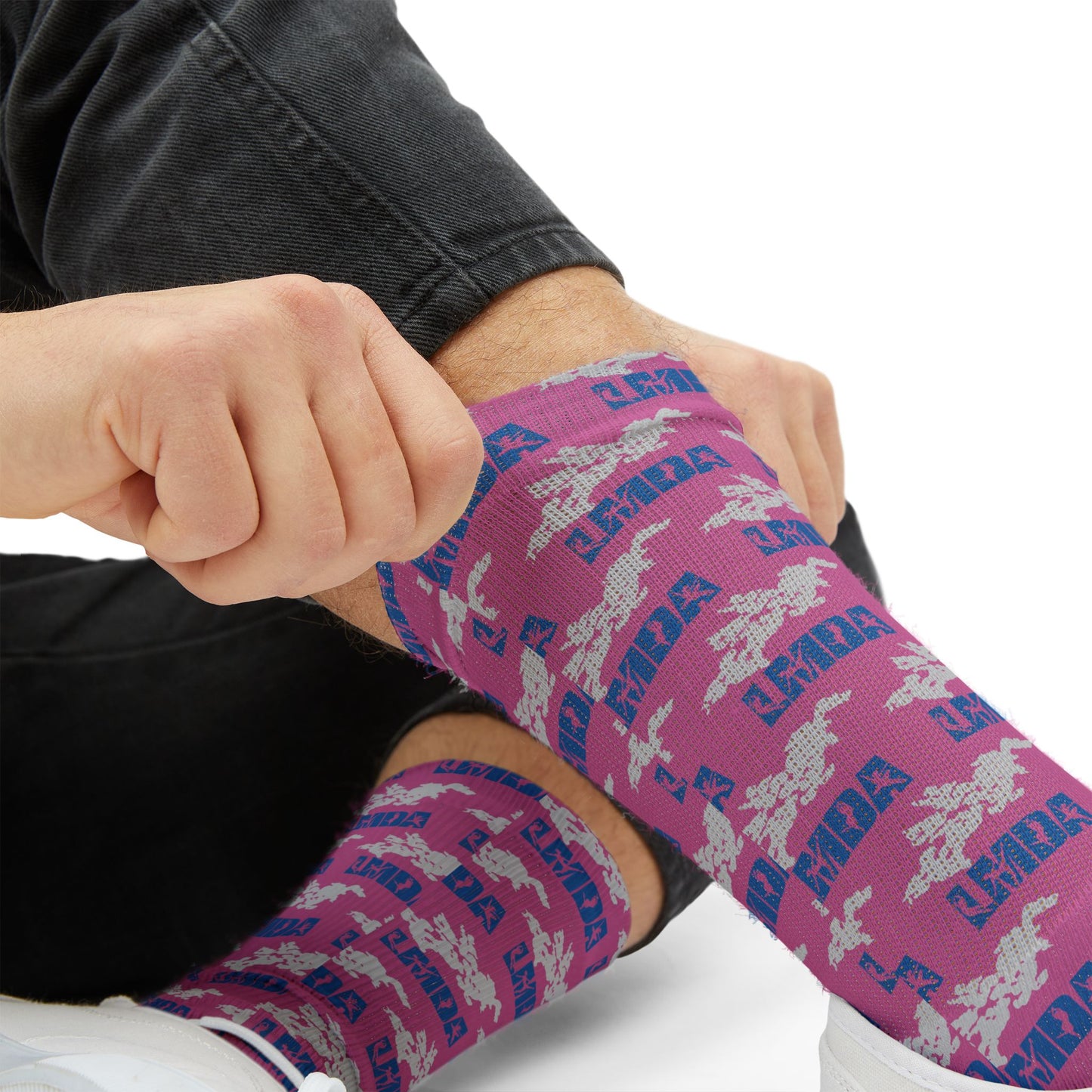 LMDA Sublimation Socks — Novelty Crew Socks with Repeating LMDA