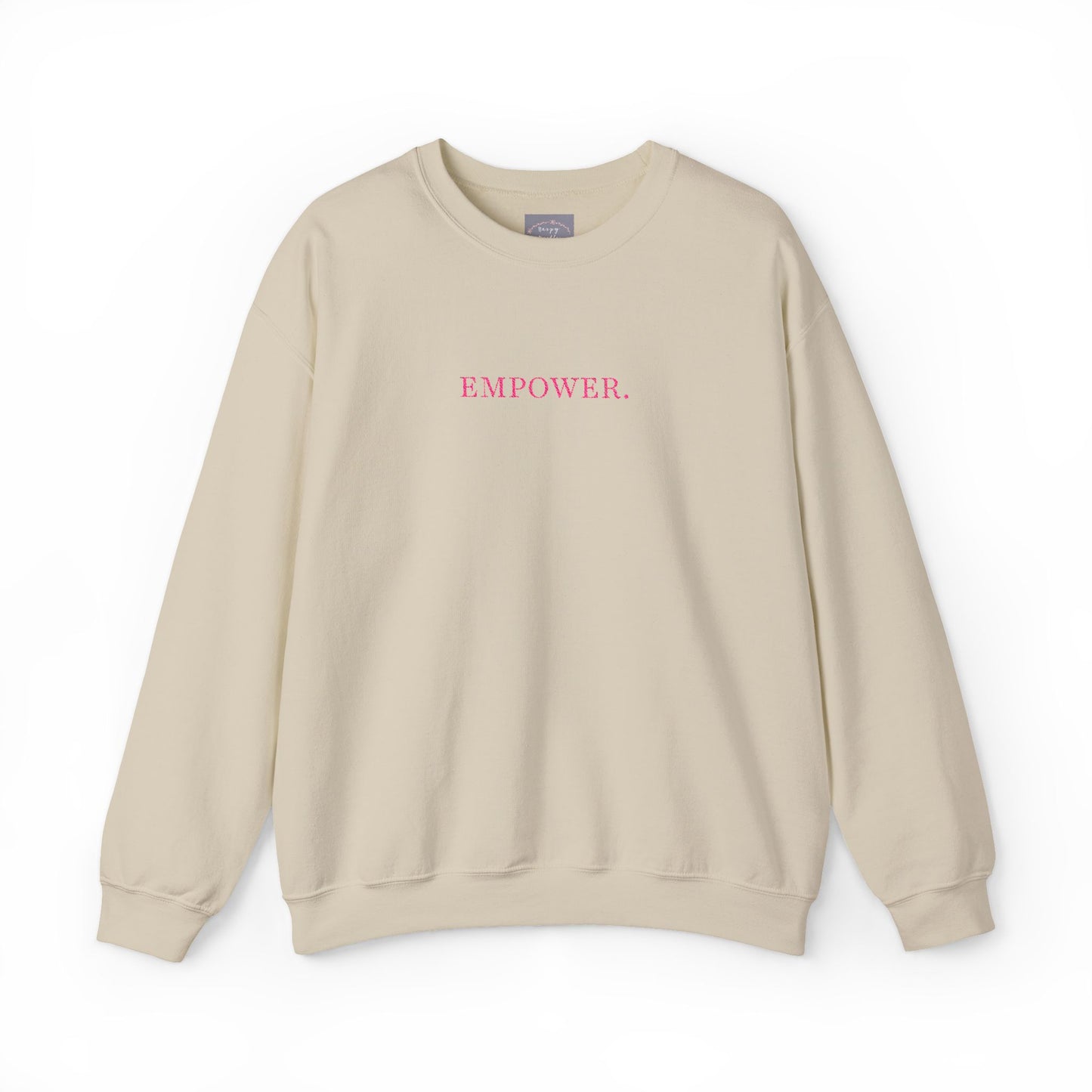 Empower! Heather Grey Crewneck Sweatshirt — Minimal Pink Text Empowerment Pullover