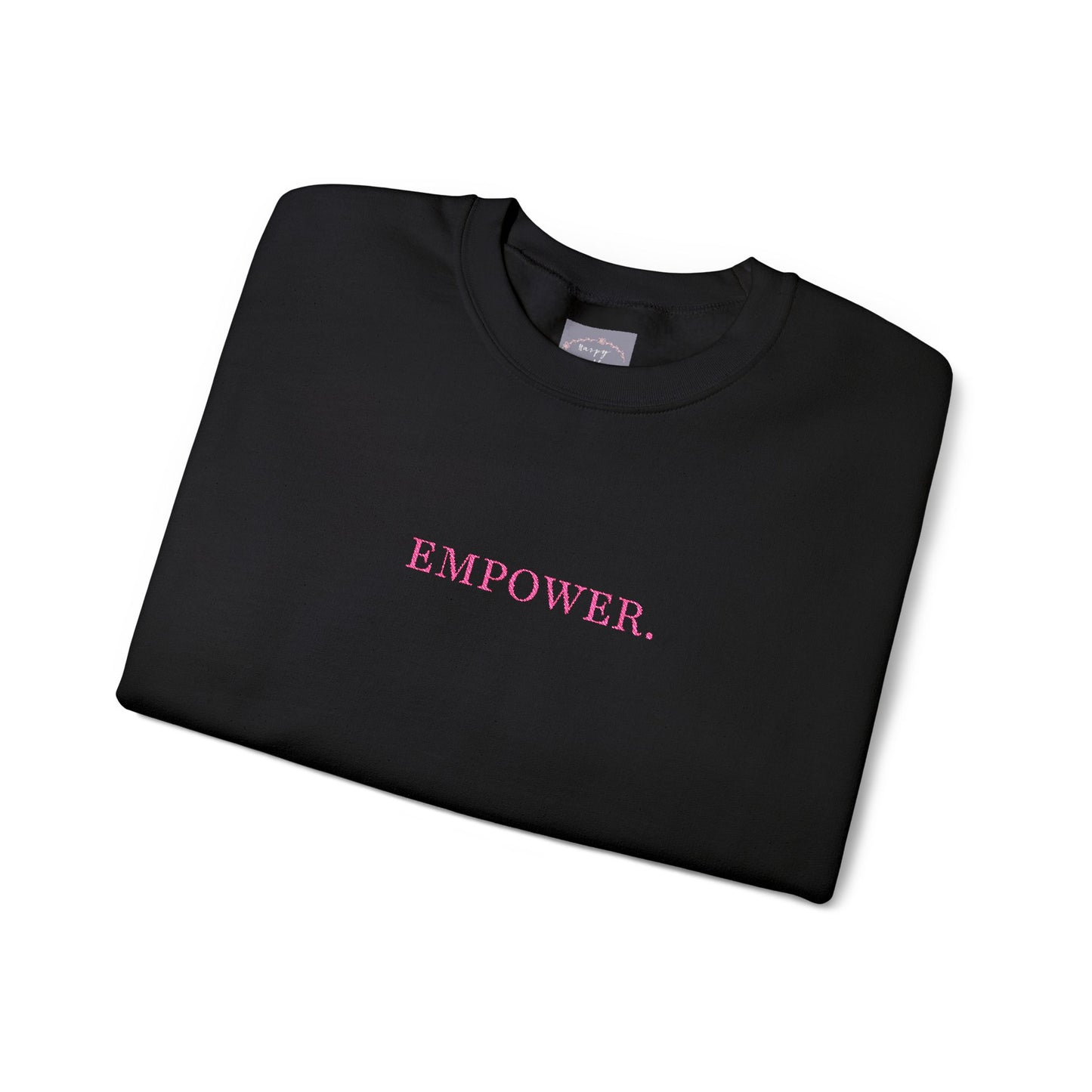 Empower! Heather Grey Crewneck Sweatshirt — Minimal Pink Text Empowerment Pullover