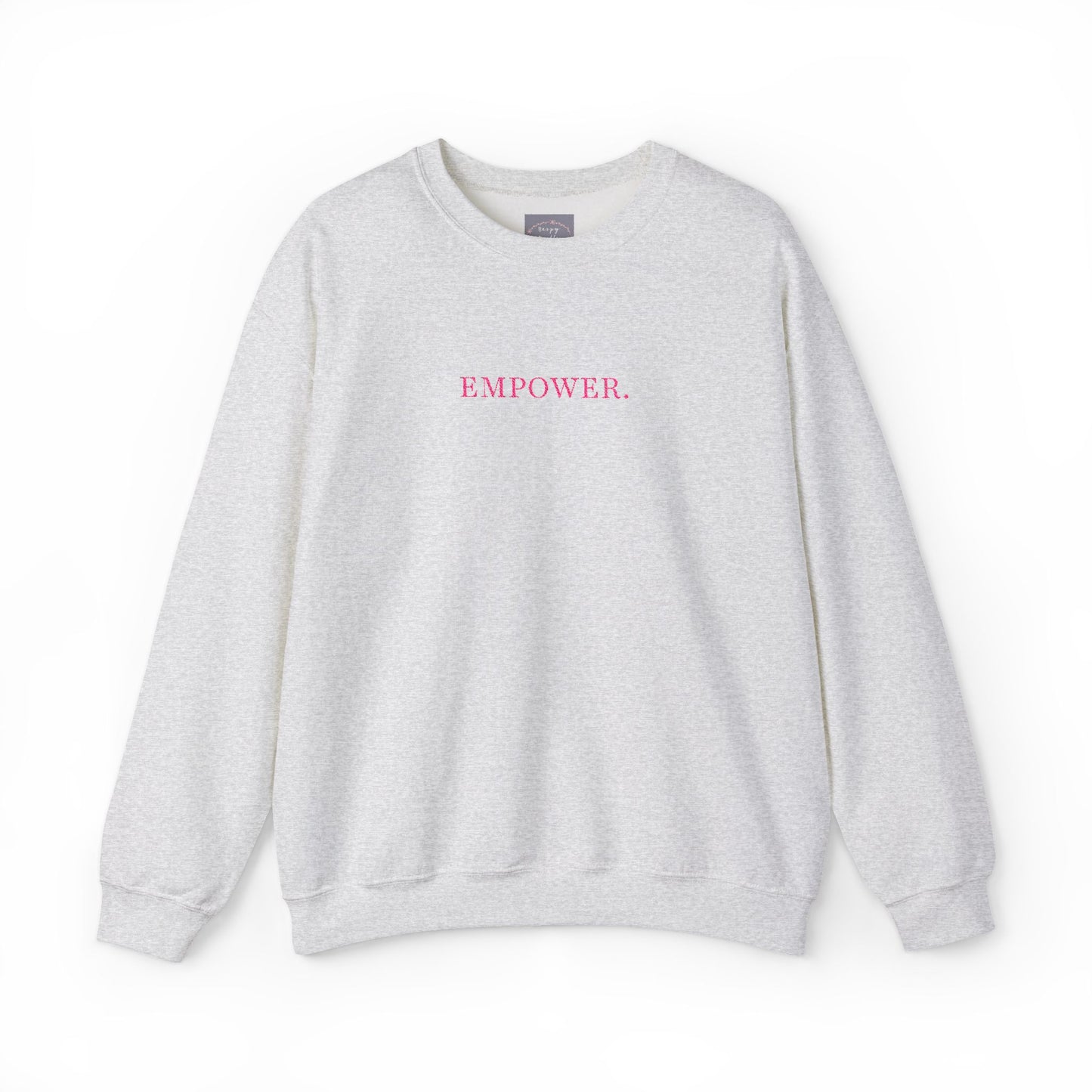 Empower! Heather Grey Crewneck Sweatshirt — Minimal Pink Text Empowerment Pullover