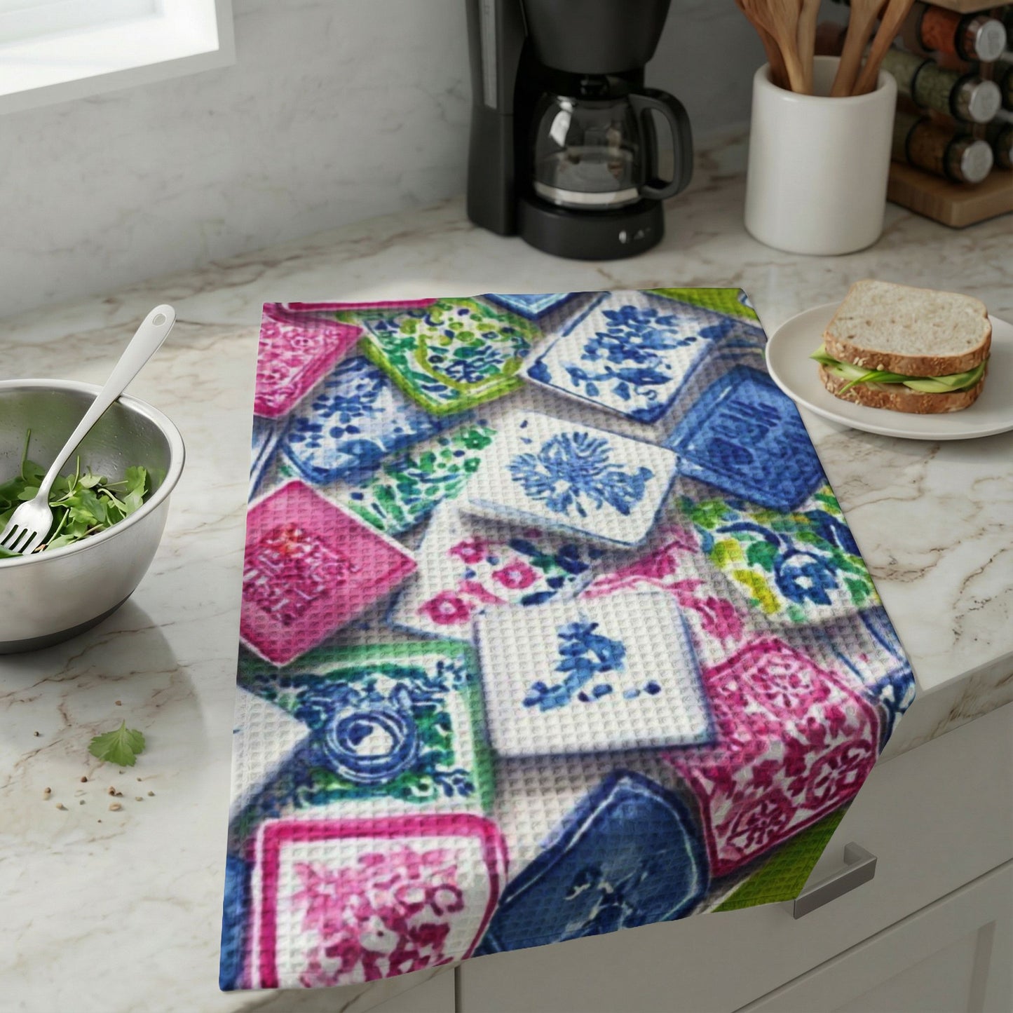 Waffle Weave Kitchen Towel — Colorful Mahjong Tile Cotton Hand Towel