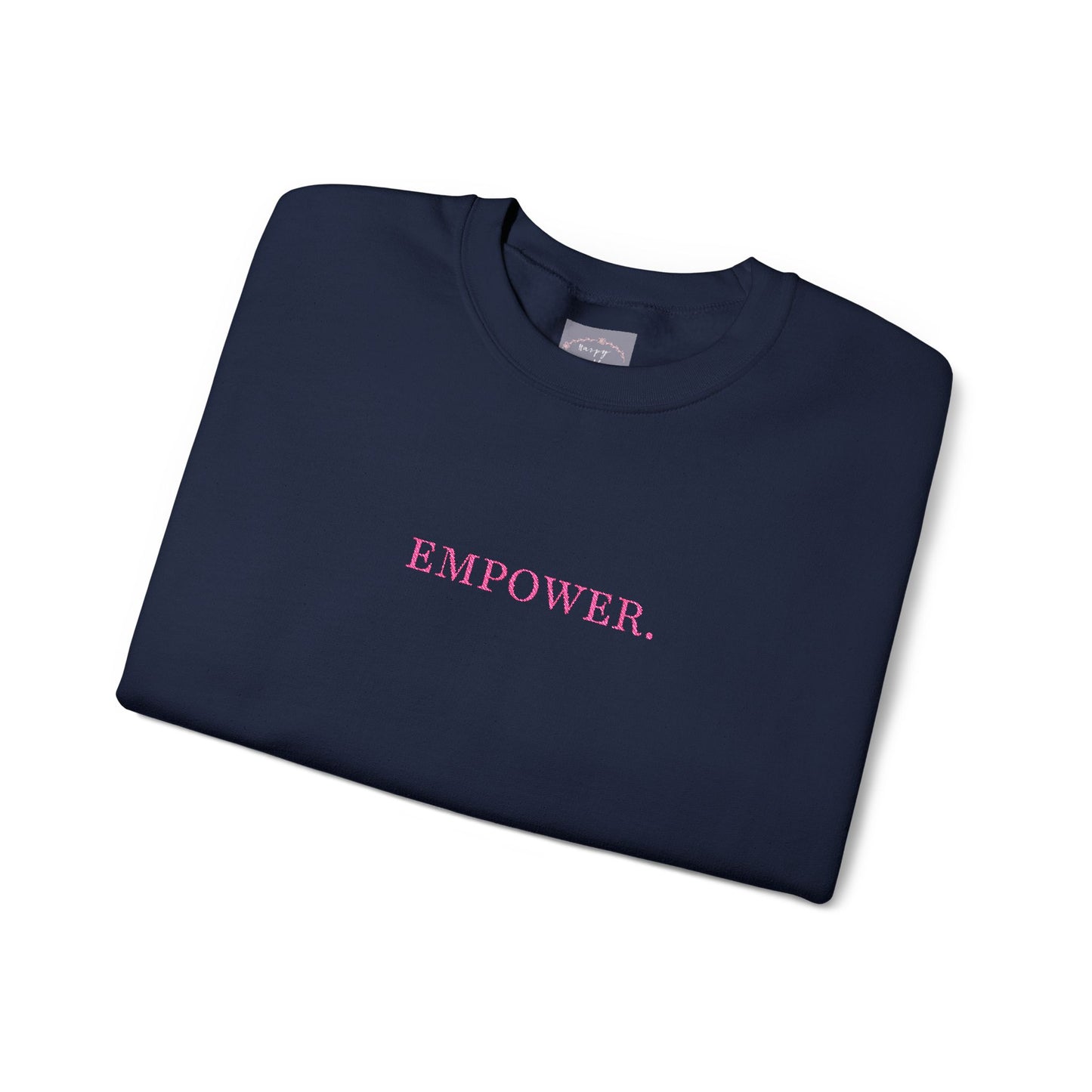 Empower! Heather Grey Crewneck Sweatshirt — Minimal Pink Text Empowerment Pullover