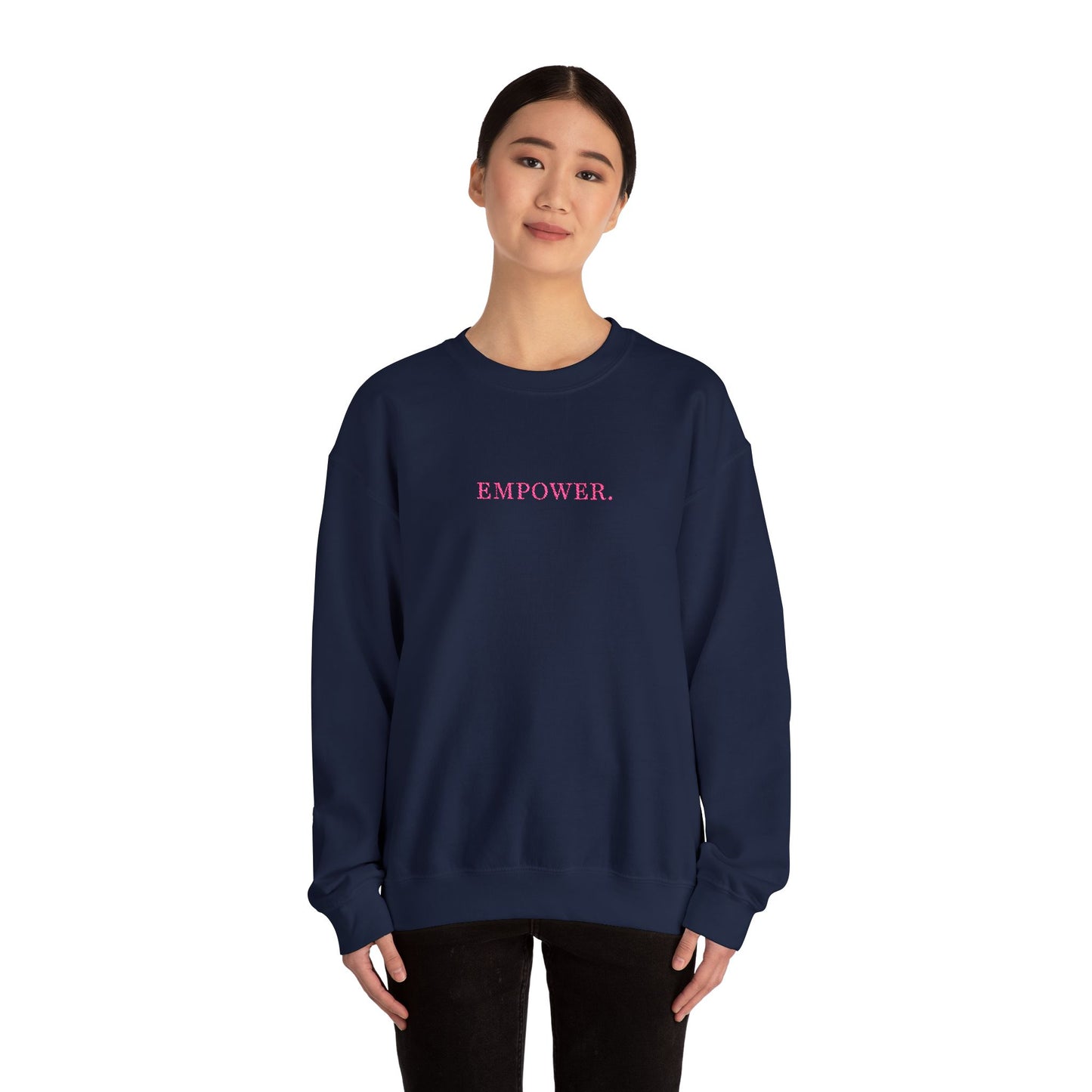 Empower! Heather Grey Crewneck Sweatshirt — Minimal Pink Text Empowerment Pullover