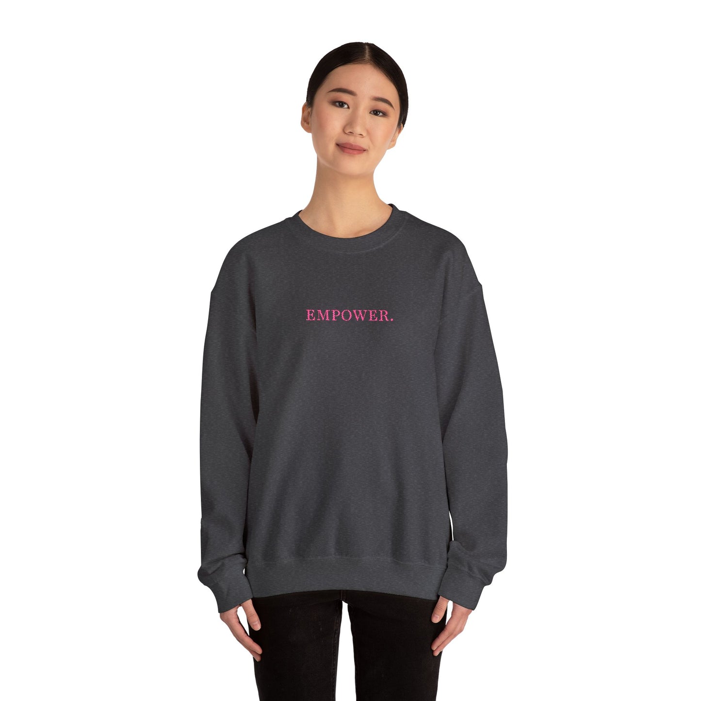Empower! Heather Grey Crewneck Sweatshirt — Minimal Pink Text Empowerment Pullover