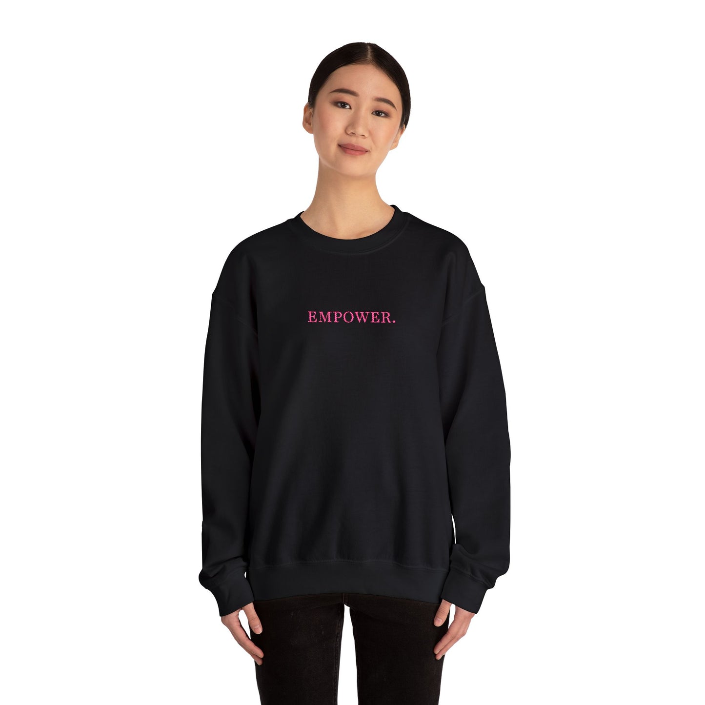 Empower! Heather Grey Crewneck Sweatshirt — Minimal Pink Text Empowerment Pullover