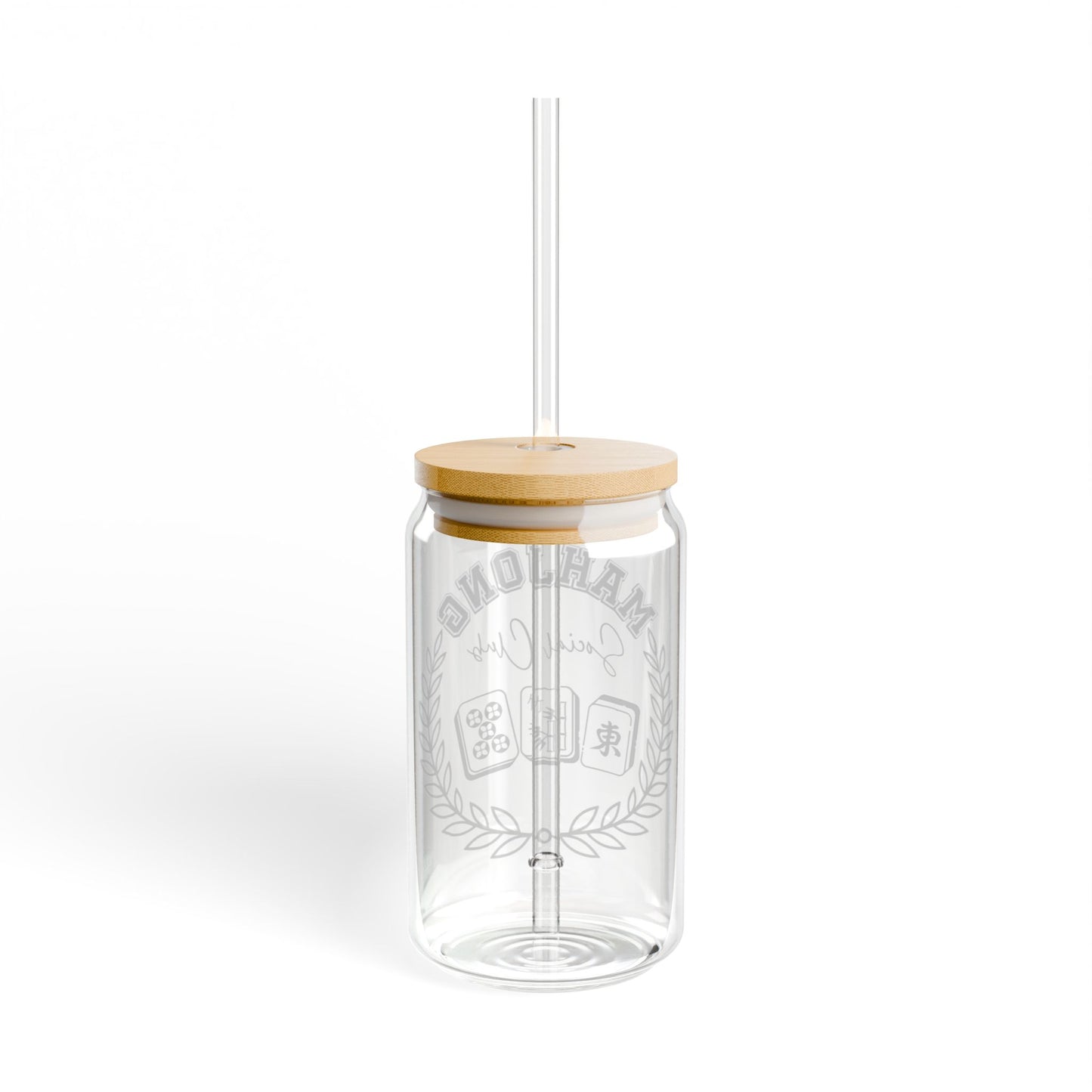 Mahjong Sipper Glass – 16oz Mahjong Social Club Mason Jar with Bamboo Lid & Straw