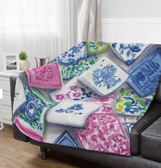 Minky Blanket — Floral Mahjong Tile Plush Throw