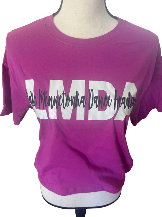 American Apparel Super Pink Short Sleeve LMDA in white with black cursive puff